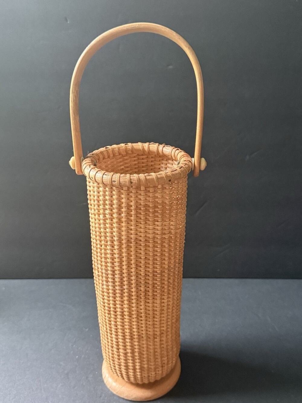 Vtg Tall Nantucket Basket Swing Handle Wine Flower Holder Coastal Decor Wicker